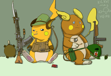 ambiguous_gender anthro armor black_eyes blue_eyes brown_body cigarette clothing dog_tags duo feral fur gun hat headgear headwear knife machine_gun melee_weapon orange_body orange_fur ranged_weapon rifle sitting smoke smoking weapon white_body geboku kilroy_was_here nintendo pokemon alolan_form alolan_raichu generation_1_pokemon generation_7_pokemon mammal pokemon_(species) raichu regional_form_(pokemon) rodent 2020 hi_res
