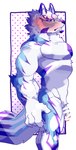 abs anthro balls blue_eyes blush flaccid fur genitals male muscular muscular_anthro muscular_male nude pecs penis side_view solo striped_body striped_fur stripes white_body white_fur clawlion lifewonders live_a_hero sadayoshi canid canine mammal absurd_res hi_res