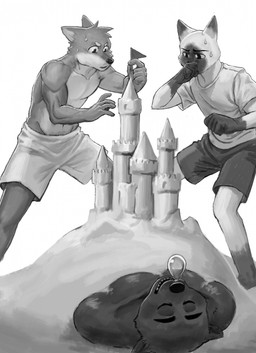 anthro armwear beach bottomwear clothed clothing elbow_gloves eyes_closed fingers fur gloves group handwear holding_object lying male on_back open_mouth outside sand sand_castle sculpture shirt shorts simple_background standing topless topless_anthro topless_male topwear trio water nyeong bear canid canine canis domestic_cat domestic_dog felid feline felis mammal digital_media_(artwork) hi_res monochrome