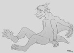 absurd_res anklet anthro balls bracelet digitigrade dragon feet foot_focus genitals growth hi_res horn human humanoid_pointy_ears jewelry kulbara kulbara_(character) male mammal mid_transformation monochrome mythological_creature mythological_scalie mythology nude scalie sitting snout solo tail tail_growth thick_tail tongue tongue_out transformation wings