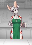 2024 5_fingers anthro apron breasts clothed clothing female fingers foxovh fur fur_markings hair hi_res holding_notebook holding_object holding_pen lagomorph leporid looking_at_viewer mammal markings no_underwear notebook pen rabbit red_eyes red_markings solo standing teeth tongue white_body white_fur white_hair