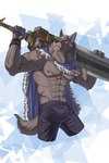 abs anthro bottomwear bulge cape clothing fangs fur geometric_background grey_body grey_fur male melee_weapon muscular muscular_anthro muscular_male nipples npc pecs scar shorts simple_background smile solo standing sword teeth triangle_(shape) weapon leo-artis elden_ring fromsoftware blaidd_(elden_ring) canid canine canis mammal wolf 2022 absurd_res hi_res portrait three-quarter_portrait