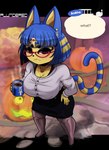 absurd_res animal_crossing ankha_(animal_crossing) anthro asking asking_viewer asking_what big_breasts bottomwear breasts clothing coffee_mug container cup dialogue dialogue_box domestic_cat english_text eyewear felid feline felis female food fruit glasses halloween header header_box hi_res holding_container holding_cup holding_mug holding_object holidays jack-o'-lantern mammal mug nintendo nipple_outline office_lady plant plundered print_container print_mug pumpkin question short_stack skirt solo talking_to_viewer team_fortress_2 text text_box third-party_edit valve