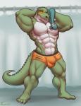 abs anthro biceps bulge clothed clothing male muscular muscular_anthro muscular_male one_eye_closed pecs solo tail towel underwear marlon.cores growl_wolf alligator alligatorid crocodilian reptile scalie absurd_res hi_res