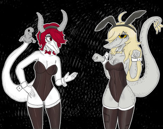 abstract_background alternate_costume anthro black_clothing black_eyes black_legwear black_thigh_highs blonde_hair blush body_blush breast_blush breasts bunny_costume clothed clothed_anthro clothed_female clothing costume cuffs_(clothing) duo embarrassed fake_ears fake_horns feathered_tail feathers female fingers fist freckled_arms freckled_breasts freckled_face freckled_legs freckled_tail freckles front_view frown grey_body hair hand_on_hip humanoid_hands legwear long_hair looking_at_another medium_breasts non-mammal_breasts patch_(fabric) pose puppet red_eyes red_hair smile standing tail tan_body tan_feathers thigh_highs white_body yellow_sclera gothgator0 cavemanon_studios puppet_pals snoot_game judee schizo_chan_(snoot_game) compsognathid compsognathus dinosaur prehistoric_species reptile saurischian scalie theropod troodon troodontid absurd_res colored hi_res portrait shaded three-quarter_portrait