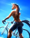 2020 4:5 anthro bicycle black_hair bottomwear brown_body brown_eyes brown_fur butt clothing day detailed_background digital_media_(artwork) equid equine equus fingers fur hair hi_res horse legwear looking_back male mammal outside rear_view shorts sky solo spandex spandex_shorts standing tail tight_bottomwear tight_clothing tight_shorts tights vehicle