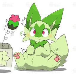 ambiguous_gender black_claws blush box claws container duo feet feral flower flower_trick fur green_body green_ears green_fur green_tail mostly_offscreen_character pawpads paws pink_eyes pink_pawpads plant simple_background sitting surprised tail text tremble_spikes white_background tontaro nintendo pokemon felid feline generation_9_pokemon mammal meowscarada pokemon_(species) sprigatito 1:1 japanese_text signature translated watermark