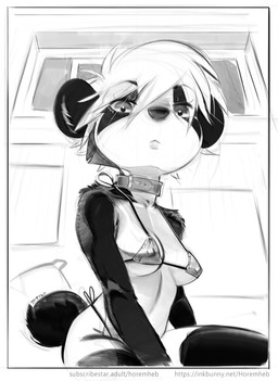 anthro bikini biped breasts clothed clothing collar eyebrows female hair inside looking_at_viewer medium_breasts nipple_outline short_hair short_tail sitting solo swimwear tail text triangle_bikini two-piece_swimsuit under_boob young young_anthro young_female horemheb daphne_(horemheb) bear giant_panda mammal 2026 hi_res monochrome url