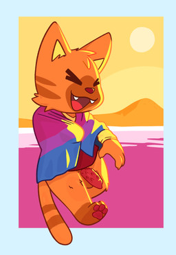 >_< animal_genitalia animal_penis bisexual_pride_colors detailed_background eyes_closed feline_genitalia feline_penis fur genitals laugh lgbt_pride light male orange_body orange_fur pawpads penile_spines penis pride_colors sea smile solo sun water crushpepper lgbt_pride_month pepper_(crushpepper) domestic_cat felid feline felis mammal absurd_res hi_res lighting