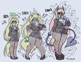 big_breasts black_clothing black_footwear black_high_heels black_sclera blonde_hair blush breast_expansion breasts business_suit clothing corruption expansion eyewear female footwear glasses growth hair heart_symbol high_heels horn horn_growth human_to_humanoid humanoid_pointy_ears interrobang legwear not_furry pantyhose pointy_ears purple_body question_mark rectangular_glasses shoes simple_background smile solo spade_tail species_transformation standing suit surprised tail tail_growth text transformation fanterfane to_love-ru tearju_lunatique demon demon_humanoid human humanoid mammal 2025 digital_media_(artwork) english_text hi_res sequence