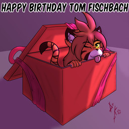 ambiguous_gender anthro birthday_gift box chibi container countershading fur gift in_box in_container inner_ear_fluff long_tail looking_at_viewer one_eye_closed simple_background solo striped_body striped_fur stripes tail text tongue tongue_out tuft wink yellow_eyes destruteka twokinds flora_(twokinds) felid keidran mammal pantherine tiger 1:1 2022 english_text