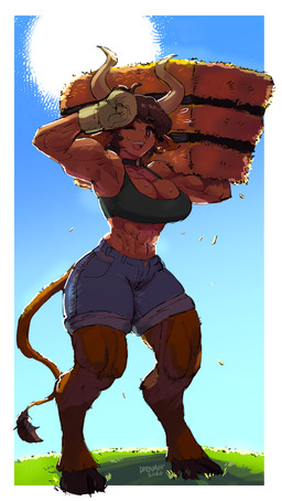 abs biceps big_breasts biped bodily_fluids bottomwear bra breasts brown_body brown_fur brown_hair cleavage clothed clothing collar day denim denim_bottomwear denim_clothing denim_shorts ear_piercing ear_ring female front_view fully_clothed fur gloves grass hair handwear happy hay hay_bale holding_object hooves horn looking_at_viewer midriff monotone_hair muscular muscular_female muscular_humanoid one_eye_closed open_mouth open_smile outside piercing plant quads ring_piercing short_hair shorts sky small_waist smile solo sports_bra standing sun sweat tail tail_tuft tan_body tan_skin three-quarter_view tuft underwear wide_hips dreaminerryday animal_humanoid bovid bovid_humanoid bovine bovine_humanoid horned_humanoid humanoid mammal mammal_humanoid digital_media_(artwork) full-length_portrait hi_res portrait