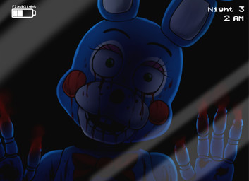 against_surface ambiguous_gender anthro blood blue_body bodily_fluids bow_tie freckles green_eyes leaking looking_at_viewer machine multicolored_body nightmare_fuel on_glass open_mouth red_cheeks solo what_has_science_done where_is_your_god_now ill825_(artist) five_nights_at_freddy's five_nights_at_freddy's_2 scottgames toy_bonnie_(fnaf) animatronic lagomorph leporid mammal rabbit robot 2015