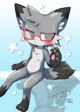 ambiguous_gender anthro blush countershading eyewear eyewear_only fluffy fur glasses glasses_only gradient_background grey_body grey_fur logo looking_away nude pattern_background pawpads reflection simple_background sitting solo text wearing_glasses white_body white_fur young young_anthro doneru canid canine fox mammal english_text hi_res