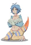 ahoge big_breasts blue_body blue_hair blue_scales blue_stripes blush breasts claws cleavage clothed clothing dark_body dark_skin eyelashes female grey_claws hair holding_breast huge_breasts kneeling navel orange_body orange_scales scales short_hair simple_background solo stripes tail thick_thighs white_background wide_hips yellow_body yellow_eyes yellow_scales neon_(pixiv) capcom monster_hunter animal_humanoid dodogama fanged_wyvern humanoid lizard_humanoid reptile reptile_humanoid scalie scalie_humanoid tailed_humanoid hi_res