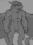 abs anthro biceps biped ear_piercing featureless_crotch fur grey_background horn male mane muscular muscular_anthro muscular_male nude pecs piercing simple_background solo standing tail tuft wings amit mythology dragon furred_dragon furred_scalie mythological_creature mythological_scalie scalie 2015 greyscale monochrome