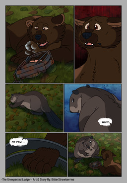 ambiguous_feral ambiguous_gender beaver_tail brown_body brown_fur dialogue feral fur grass grey_body grey_fur leaves_on_ground out_of_breath outside plant quadruped text trap_(contrivance) bitterstrawberries echo_(bitterstrawberries) husq_(bitterstrawberries) beaver fisher_(animal) gulonine mammal mustelid musteline rodent comic english_text hi_res male_(lore)