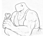 anthro bow_ribbon candy clothing dessert food lying male muscular muscular_anthro muscular_male shirt solo tank_top topwear dynogreeno largo_(dynogreeno) dinosaur prehistoric_species reptile scalie monochrome traditional_media_(artwork)