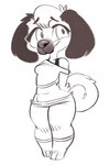 3_toes anthro bottomwear breasts clothed clothing curled_tail feet female fully_clothed fur hands_behind_back navel simple_background smile solo standing tail toes topwear white_background burnbuckie canid canine mammal monochrome