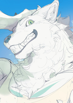 anthro blue_background clothed clothed_anthro clothed_male clothing fangs fur green_eyes grin hand_on_head hand_on_own_head inner_ear_fluff looking_at_viewer male open_mouth open_smile pupils shirt simple_background smile smiling_at_viewer solo tank_top teal_pupils teeth toothy_grin topwear tuft white_body white_clothing white_fur white_inner_ear_fluff white_sclera white_shirt white_tank_top white_topwear chiayeeee canid canine canis mammal wolf 2024 absurd_res bust_portrait digital_drawing_(artwork) digital_media_(artwork) hi_res portrait