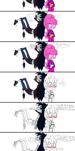 blush clothed clothing female hair long_hair not_furry open_mouth pink_hair simple_background smile text white_background ihavenoart4u adventure_time cartoon_network marceline_abadeer princess_bubblegum mammal vampire absurd_res comic english_text hi_res long_image tall_image