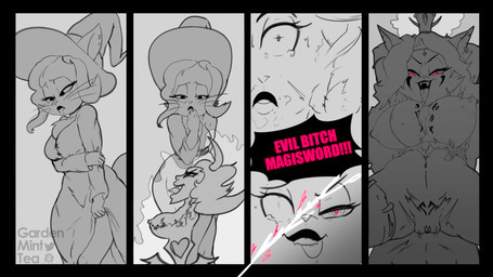 anthro big_breasts biped black_border bodily_fluids border breasts clothed clothed_anthro clothed_female clothing corruption dialogue dress duo ear_piercing ear_ring eyelashes fangs female female_focus furaffinity_logo hair hand_on_arm hand_on_own_arm hat headgear headwear heart_eyes heart_symbol logo long_whiskers looking_at_another looking_at_viewer looking_down looking_down_at_another looking_down_at_viewer markings nipple_outline nipples open_mouth piercing pointy_ears pointy_speech_bubble prick_ears profanity red_heart red_text ring_piercing solo_focus speech_bubble spread_legs spreading standing sweat tail tattoo tears teeth text tongue tongue_out transformation twitter_logo whiskers witch_hat womb_tattoo gardenminttea furaffinity mighty_magiswords twitter bimm domestic_cat felid feline felis mammal 16:9 2023 4k absurd_res comic digital_drawing_(artwork) digital_media_(artwork) english_text greyscale hi_res monochrome spot_color widescreen