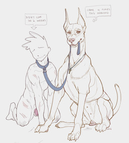 anatomically_correct animal_genitalia animal_vulva bodily_fluids canine_genitalia canine_vulva chastity_cage chastity_device collar count dominant dominant_female dominant_feral duo female feral genital_fluids genitals holding_leash holding_object humanoid_genitalia humanoid_penis keyholding leash leash_in_mouth male multi_nipple nipples object_in_mouth orgasm_count orgasm_denial penis scratches submissive submissive_human submissive_male text vaginal_fluids vulva syn-6 canid canine canis dobermann domestic_dog human mammal pinscher english_text hi_res