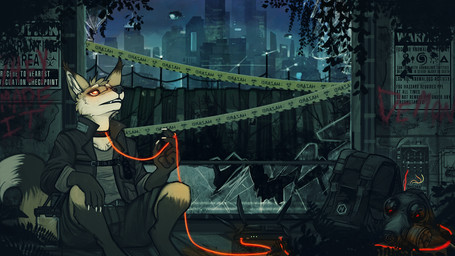 amazing_background anthro armor bottomwear cheek_tuft clothed clothing collar detailed_background facial_tuft fangs fur headgear helmet inside jacket male orange_eyes router shirt shorts sitting solo tan_body tan_fur teeth toony topwear tuft white_body white_fur acidic canid canine mammal 16:9 detailed widescreen