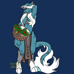 3_toes anthro arm_over_head basket_on_arm blue_body blue_eyes blue_fur bottomwear breasts clothing crossgender feet female flower fur grey_body grey_fur harness loincloth long_tail looking_at_viewer neck_tuft plant solo tail tail_tuft toes tuft skull_bunz_official frost_jeckals_(huf13) fenril_(spicy_flakes) absurd_res hi_res