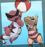 2023 anthro anus ball beach_ball blue_background brown_body casual_nudity crocodilian duo facial_markings female flat_chested generation_5_pokemon genitals head_markings hi_res inflatable jumping krokorok krookodile markings mask_(marking) nintendo noodlestoat nude pokemon pokemon_(species) pussy red_body reptile scalie simple_background sport tail volleyball