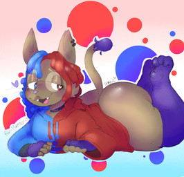 anthro armwear blue_body blue_eyes blue_fur bottomless butt clothed clothing dark_body dark_skin dreadlocks ear_piercing elbow_gloves eyewear fingerless_gloves fur glasses gloves hair handwear hoodie legwear looking_back male piercing raised_tail red_eyes red_hair round_glasses simple_background smile solo tail thigh_highs topwear iw2kmsrn mat_(matborowski) domestic_cat felid feline felis mammal tabby_cat