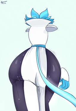 animal_ears anthro big_butt black_body blue_background blue_body blue_fur blue_hair blue_tail bodily_fluids butt clothing female floating_hands fur hair machine rear_view shoulder_pads simple_background solo sweat sweatdrop tail thick_thighs white_clothing wide_hips pachalt deltarune undertale_(series) tasque_manager darkner felid mammal robot robot_anthro absurd_res hi_res