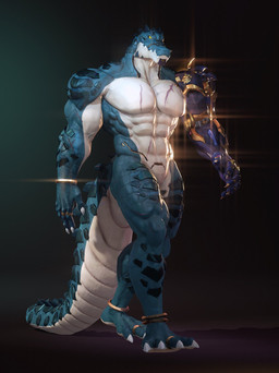 4_toes abs anklet anthro barazoku claws cybernetic_arm cybernetic_implant cybernetic_limb cybernetics digit_ring feet finger_claws gold_(metal) gold_anklet gold_jewelry gold_ring head_spines jewelry long_tail machine male multicolored_body multicolored_scales muscular muscular_anthro muscular_male obliques pecs ring scales scar serratus sharp_teeth simple_background solo tail tail_spines tan_body tan_scales teal_body teal_scales teeth toe_claws toe_ring toes two_tone_body two_tone_scales walking yellow_sclera jiushi_is_90 jiushi_is_90_(modeler) alvintanubis ryuichi_arasaka crocodile crocodilian reptile scalie 2025 3d_(artwork) digital_media_(artwork) hi_res