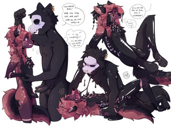 black_body black_fur black_sclera bone bone_mask bound corruption dialogue duo ear_piercing encasement femboy fur genitals goo_transformation hair heart_symbol inner_ear_fluff male male/male mask multicolored_body multicolored_fur nude penis piercing simple_background skull skull_mask slime speech_bubble text transformation tuft duskiglow changed_(video_game) canid canine canis goo_creature mammal absurd_res english_text hi_res
