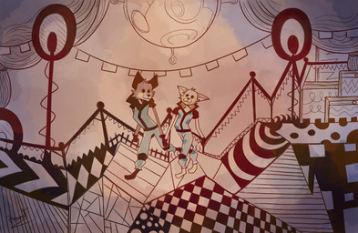 anthro blush clothed clothing detailed_background duo feet hand_holding looking_at_another male male/male romantic romantic_couple surrealism walking pinumontbalou epic_games fortnite fennix_(fortnite) volpez_(fortnite) arctic_fox canid canine canis fox mammal red_fox true_fox hi_res brother_(lore) brothers_(lore) incest_(lore) sibling_(lore)