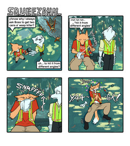 anthro clothed clothed_anthro clothed_male clothing dialogue duo eyes_closed feral fully_clothed fully_clothed_anthro fully_clothed_male fur gloves handwear holding_object inhalants looking_at_another looking_up lying male orange_body orange_fur outside plant safety_vest standing substance_intoxication text topwear tree vest white_body white_fur working hieronymusjohnson kilo_(hieronymusjohnson) squeez_(hieronymusjohnson) arthropod canid canine canis domestic_dog fox hymenopteran insect mammal nordic_sled_dog samoyed spitz wasp 2026 aliasing binary_drawing comic digital_drawing_(artwork) digital_media_(artwork) english_text hi_res