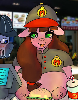 anthro blush blush_lines breasts burger clothing duo fast_food female food hat headgear headwear looking_at_another looking_down male male/female pigtails restaurant selling tongue tongue_out uniform anykoe hasbro my_little_pony fan_character macdolia earth_pony equid equine horse mammal pony zebra hi_res signature