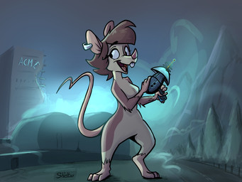 anthro biped brown_body brown_fur brown_hair buckteeth digitigrade ear_piercing ear_ring featureless_crotch female female_anthro fur hair macro macro_anthro macro_female night nude open_mouth outside piercing pink_nose ranged_weapon raygun ring_piercing solo tail teeth thin_tail weapon shieltar animaniacs_(2020) julia_brain house_mouse mammal mouse murid murine rodent 2025 4:3 colored hi_res