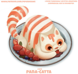 ambiguous_gender beady_eyes blueberry_(fruit) eating feral food fruit humor panna_cotta_(food) pink_body plant plate pun red_eyes simple_background solo strawberry tan_body text visual_pun white_background piper_thibodeau domestic_cat felid feline felis food_creature mammal digital_media_(artwork) digital_painting_(artwork) english_text painting_(artwork) url