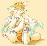 4_toes ambiguous_gender anthro claws eyes_closed fangs feathered_wings feathers feet fur hair multi_wing nude orange_background pawpads simple_background sitting solo tail teeth text toes white_background wings yellow_body yellow_fur unknown_artist mana_(series) mythology secret_of_mana square_enix dragon feathered_dragon feathered_scalie flammie furred_dragon furred_scalie mythological_creature mythological_scalie scalie japanese_text translation_request