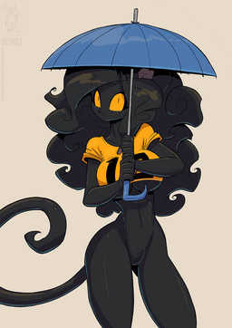 anthro black_body black_fur breasts clothing female fur genitals hair looking_at_viewer shirt smile solo tail topwear umbrella under_boob vulva yellow_eyes conditional_dnp jollyjack domestic_cat felid feline felis mammal 2026