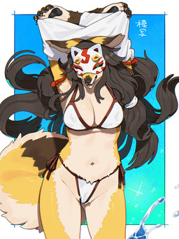 anthro biped blush breasts claws clothed clothed_anthro clothed_female clothing female fingers front_view fur hair looking_at_viewer mask navel smile solo standing tail teeth tongue kame_3 masked_fox_(kame_3) canid canine fox mammal 2026 absurd_res digital_drawing_(artwork) digital_media_(artwork) hi_res