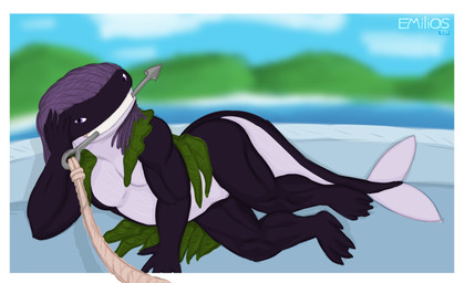 anthro boat dreadlocks hair looking_at_viewer male musclegut muscular pose purple_hair vehicle watercraft emilios aquatic cetacean dolphin mammal oceanic_dolphin orca toothed_whale 2024 absurd_res hi_res pinup