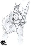 5_fingers anthro barbarian big_breasts bikini bikini_bottom bikini_top breasts claws clothing female finger_claws fingers fur huge_breasts humanoid_hands jewelry melee_weapon muscular muscular_anthro muscular_female navel necklace nipple_outline solo standing swimwear sword tail two-piece_swimsuit weapon ghostwolf arala_(ghostwolf) canid canine canis mammal wolf 2024 signature sketch