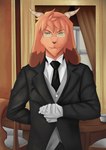 anthro black_necktie butler clothing eyewear glasses gloves goatification_project_(claydon_delve) green_eyes handwear male necktie solo waiter white_clothing white_gloves white_handwear jakinsstudio bovid caprine goat mammal absurd_res hi_res