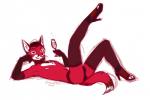 anthro biped clothed clothing crossdressing femboy footwear fur green_eyes high_heels legwear looking_at_viewer lying male navel nipples on_back panties reclining red_body red_fur shoes simple_background skimpy solo thigh_highs underwear white_background canned_(artist) canid canine fox mammal 2015