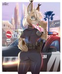 anthro blowing_bubble_gum bubble bubble_gum butt candy car choker clothing dessert eyewear female food gum inflating jewelry looking_back motor_vehicle necklace police police_car police_officer police_uniform police_vehicle solo sunglasses uniform vehicle hinget disney zootopia tammy_rys felid feline lynx mammal absurd_res hi_res