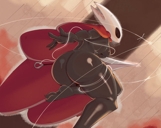 2_horns action_pose anthro big_butt black_body black_eyes breasts butt cape cape_only clothing female fingers holding_melee_weapon holding_object holding_weapon horn huge_butt melee_weapon mostly_nude non-mammal_breasts pose red_cape red_clothing sewing_needle solo thick_thighs thread weapon talons_tw hollow_knight_(franchise) team_cherry hornet_(hollow_knight) arthropod 2025 hi_res