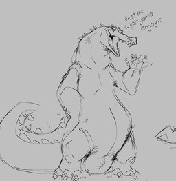 anthro big_feet big_tail claws dialogue feet happy male sharp_teeth solo speech_bubble tail teeth ikaro wallace crocodile crocodilian reptile scalie hi_res