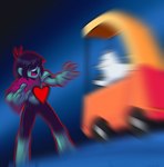 angusburgers annoying_dog_(undertale) armor blue_body blue_skin blurred_foreground canid canine canis car clothed clothing cozy_coupe deltarune domestic_dog driving duo feral fully_clothed fur hair hair_over_eyes heart_symbol hi_res human imminent_death inside_car kris_(deltarune) little_tikes male mammal obscured_eyes open_mouth quadruped soul_(undertale) toddler_car toy undertale_(series) vehicle white_body white_fur